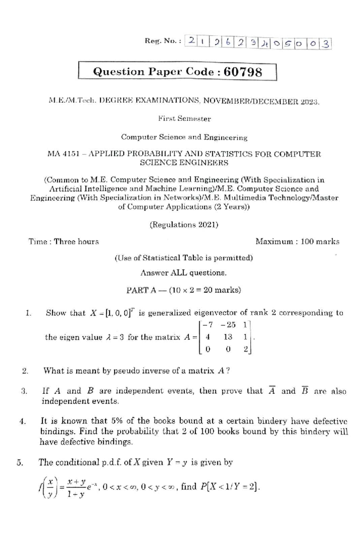 MA4151 Final Exam Question Paper - Applied Probability & Statistics ...