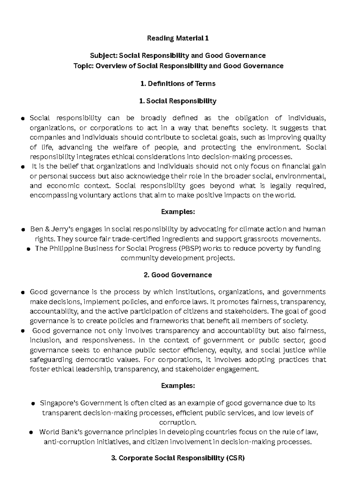 Reading Material 1: Overview of Social Responsibility & Good Governance ...