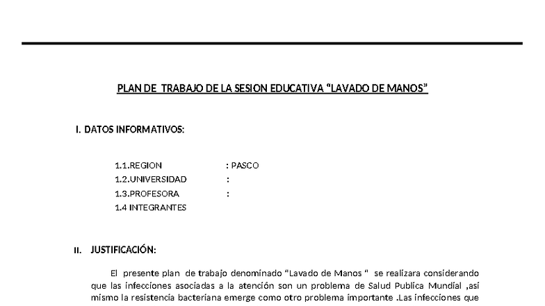 PLAN DE TRABAJO DE LAVADO DE MANOS - SALUD PÚBLICA UNDAC - Studocu