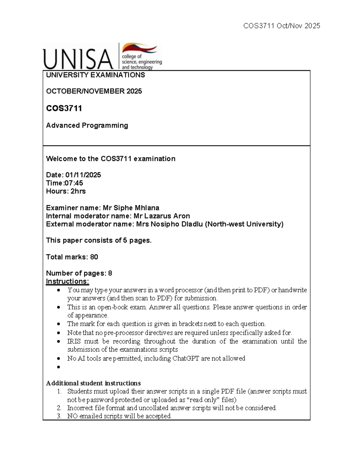 COS3711 Advanced Programming Exam Guidelines - 2025 - Studocu