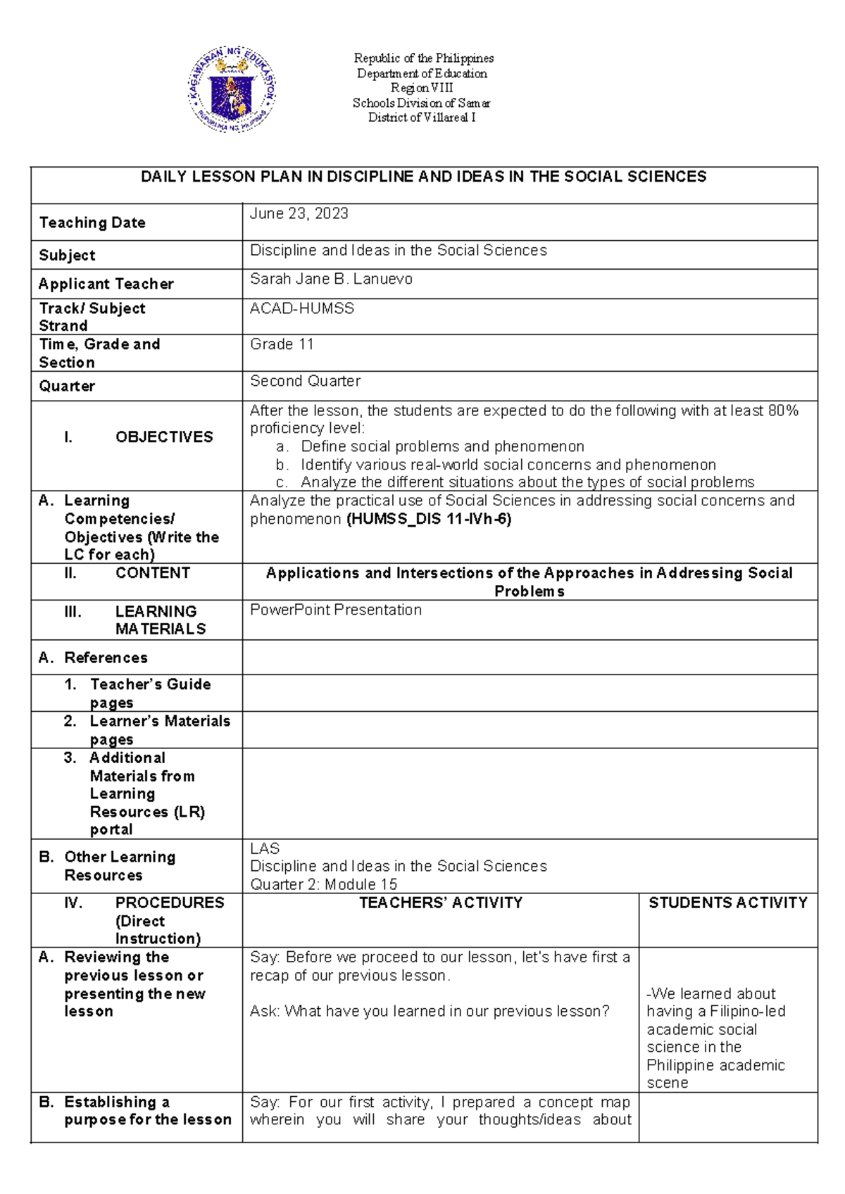 DLL - Daily Lesson Plan for Social Sciences - Grade 11, Q2 - Studocu