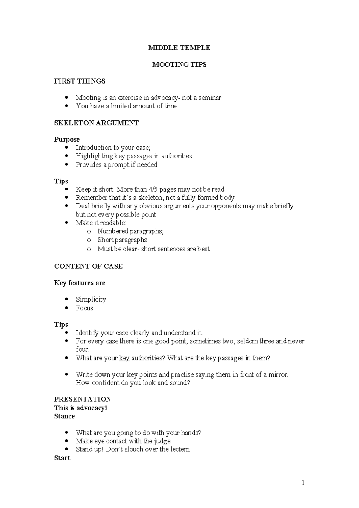 Mooting Tips for MIDDLE TEMPLE: Key Strategies & Presentation - Studocu