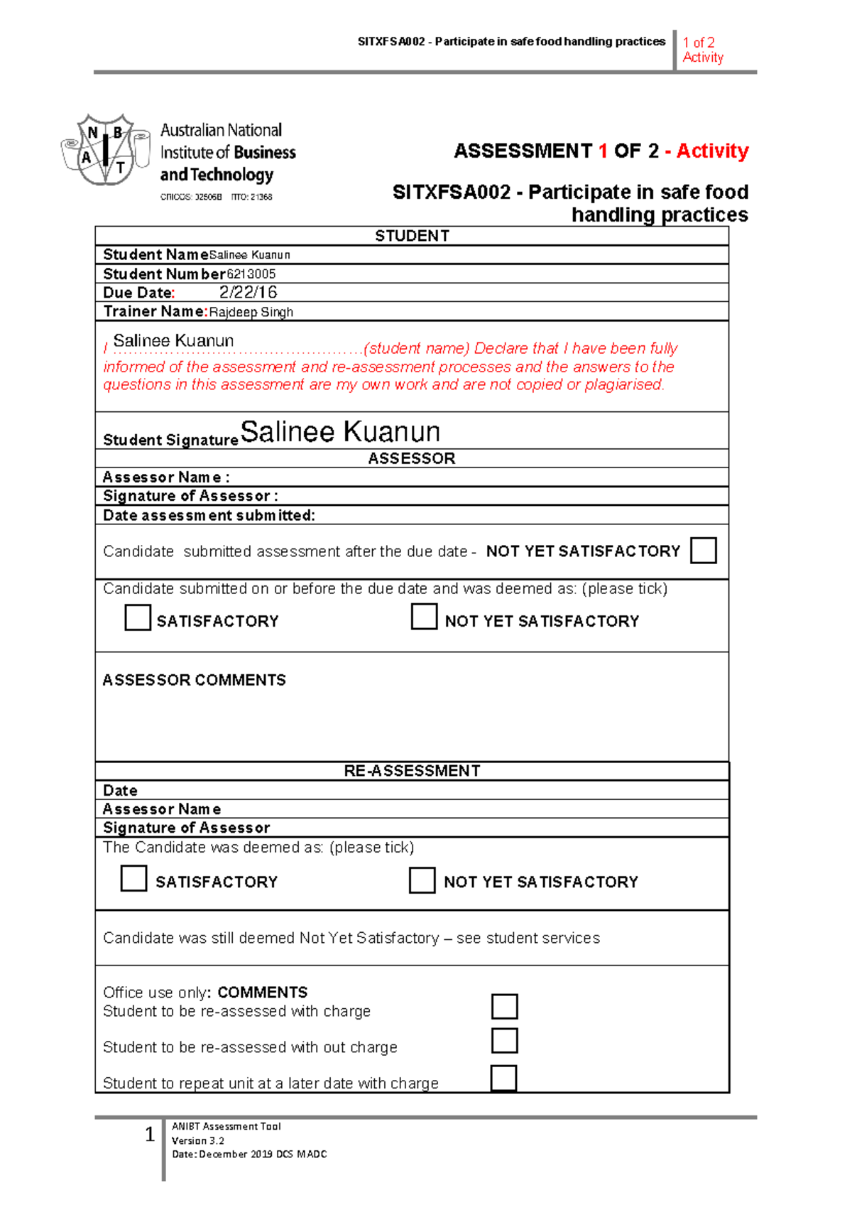 Sitxfsa 002 - Assessment 1 - SITXFSA002 - Participate in safe food ...