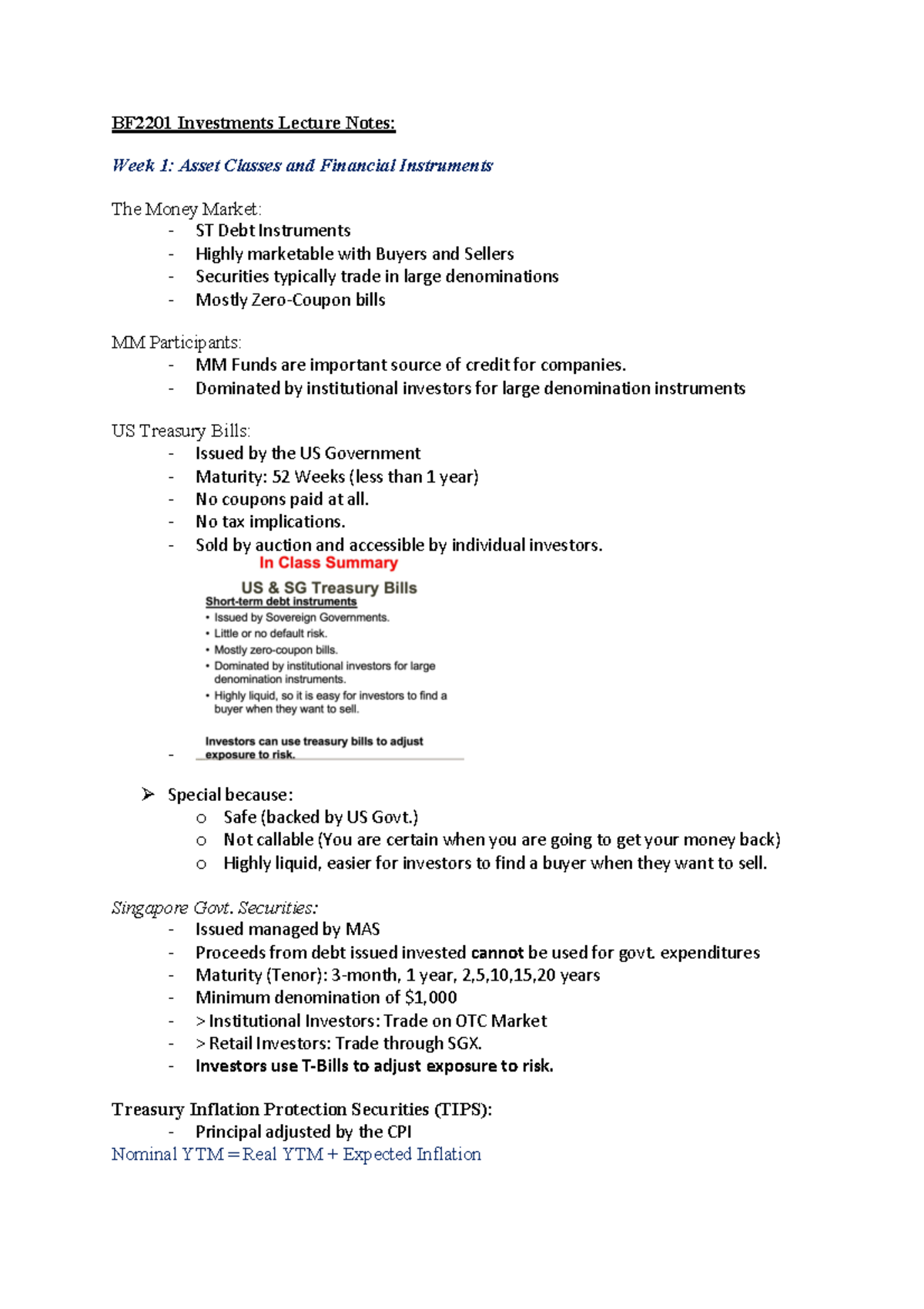 BF2201 Lecture Notes BF2201 Investments Lecture Notes Week 1 Asset Classes And Financial