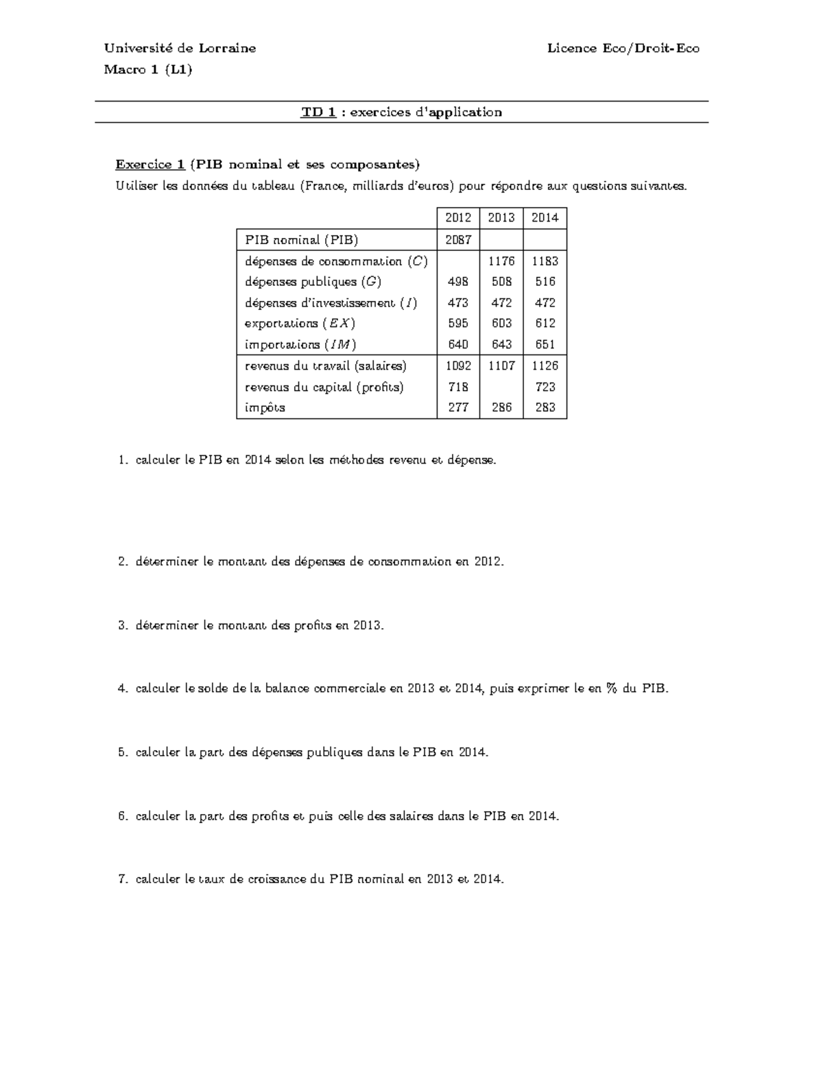Exercices de Macroéconomie L1 TD 1 : PIB et Composantes - Studocu