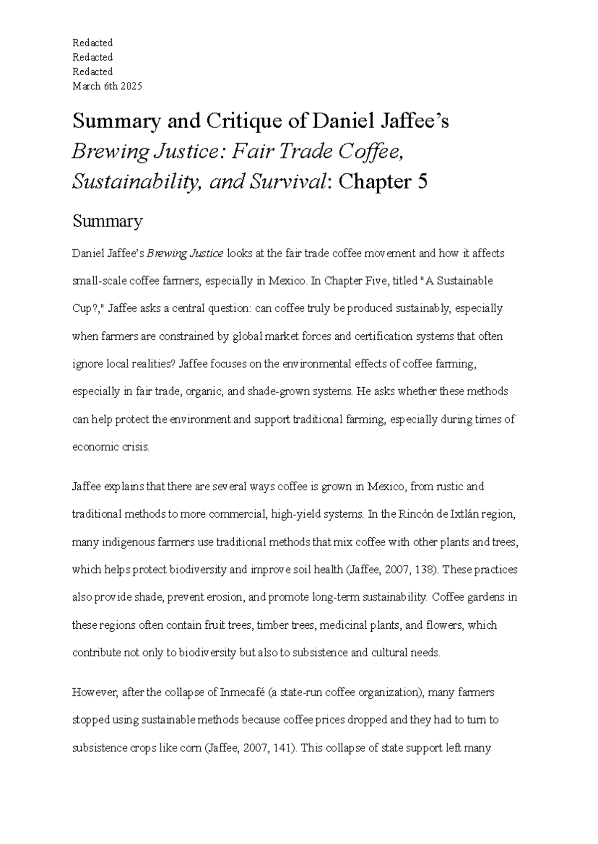 Summary and Critique of Daniel Jaffee's Fair Trade Coffee (Course Code ...