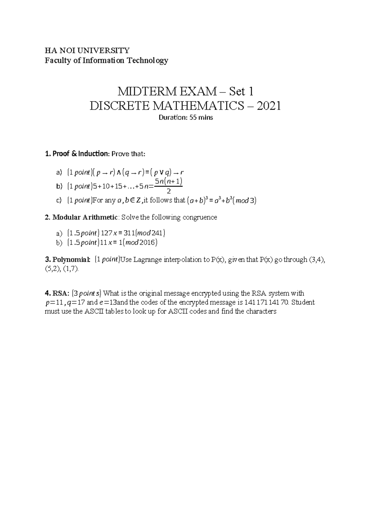 HA NOI UNIVERSITY IT MIDTERM EXAM Set 1 DISCRETE MATH 2021 - Studocu