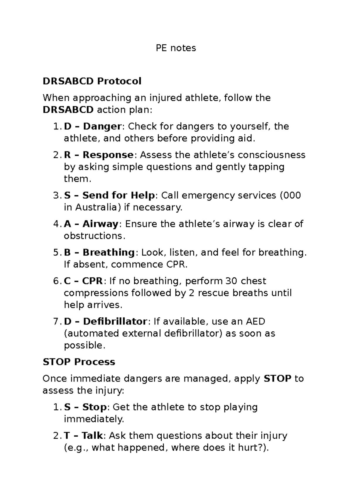 PE Notes: DRSABCD Protocol & Injury Assessment Techniques - Studocu