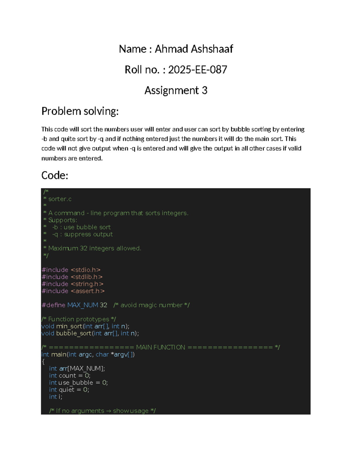 Assignment 3: Sorting Integers with Bubble and Quiet Sort (2025-EE-087 ...