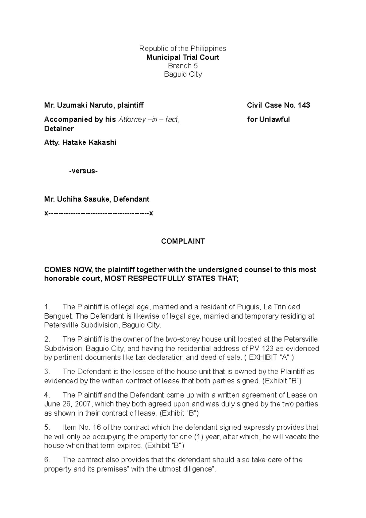 Civil Complaint Sample: Unlawful Detainer Case No. 143 - Studocu