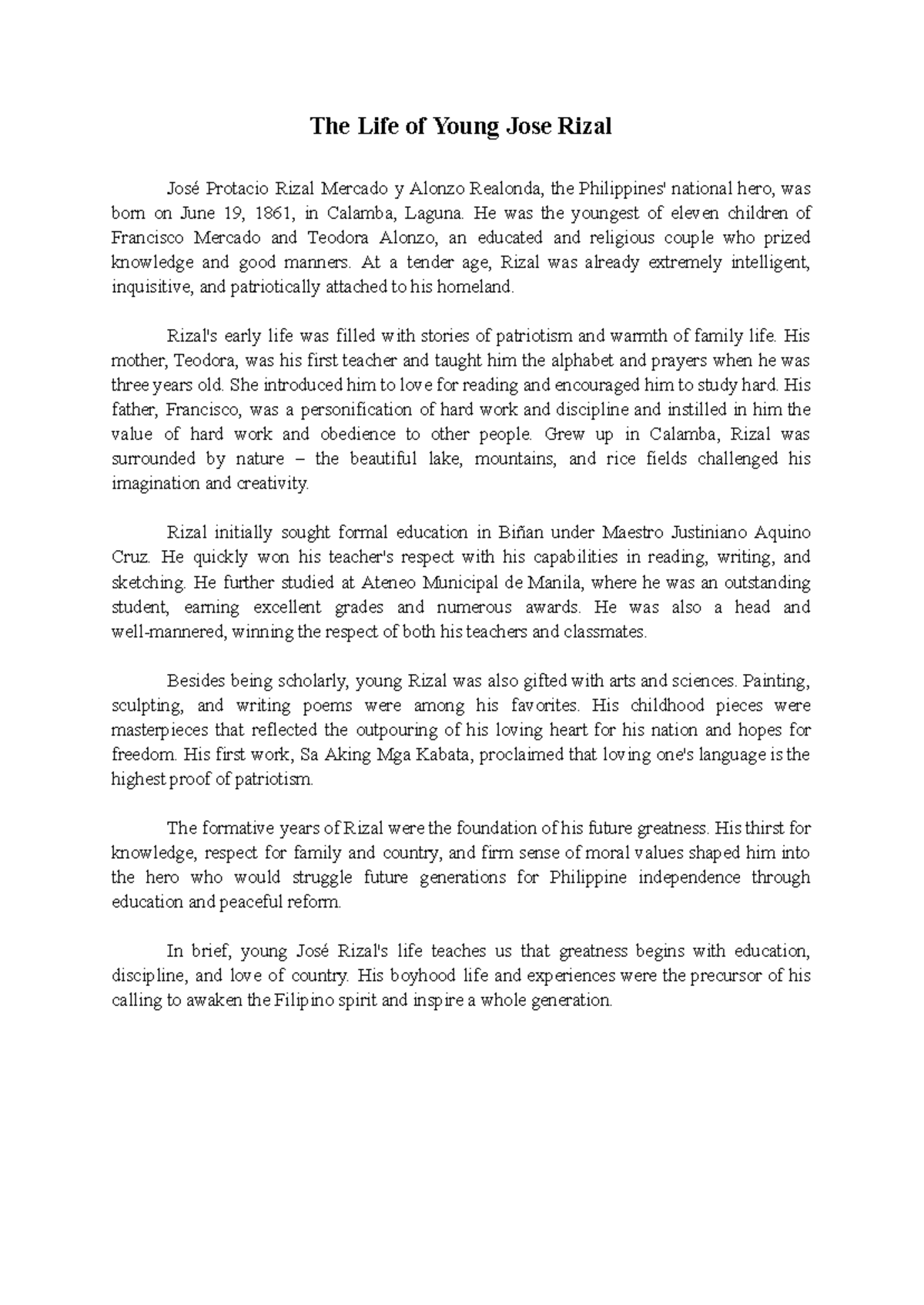 Young Jose Rizal: A Study of His Early Life and Values - Studocu