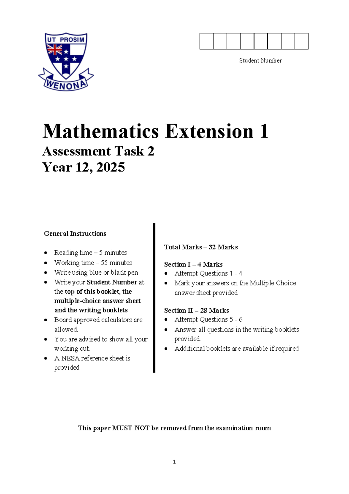 Wenona 2025 Mathematics Extension 1 Assessment Task 2 - Studocu