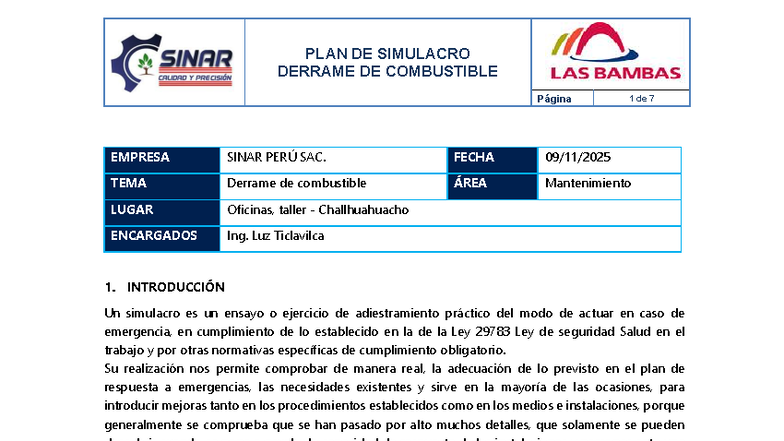 Plan de Simulacro de Derrame de Combustible - SINAR PERÚ SAC - Studocu