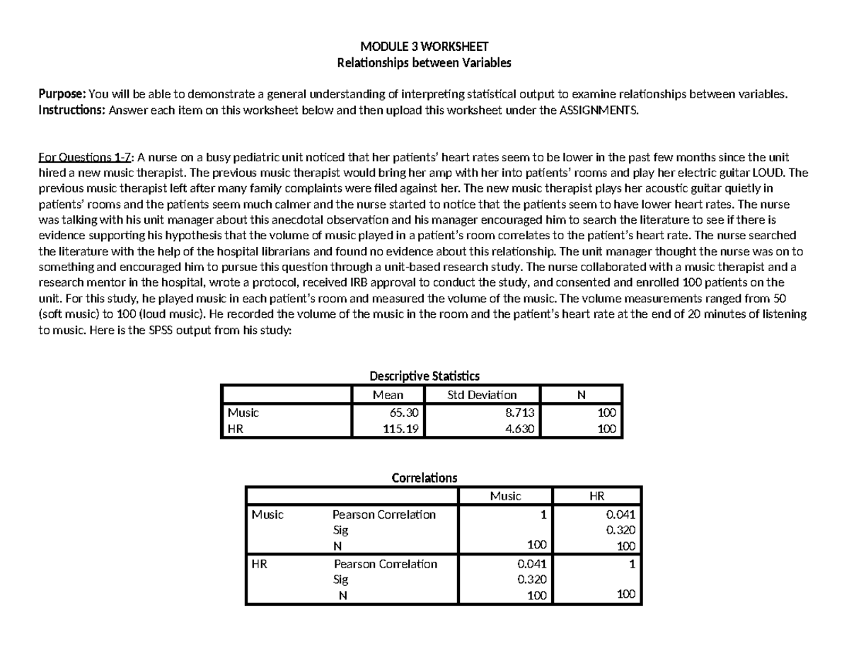 MODULE 3 WORKSHEET: Analyzing Music Volume & Patient Heart Rate - Studocu