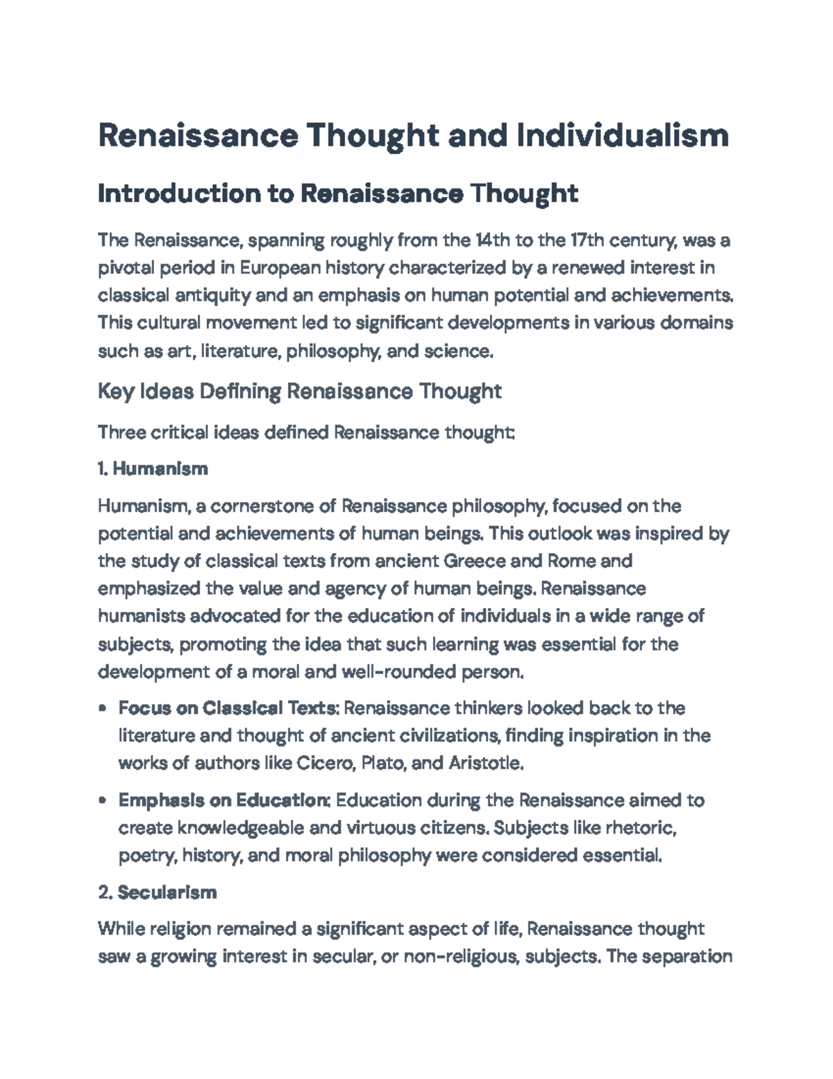 Renaissance Thought: Humanism, Secularism, and Individualism Insights ...