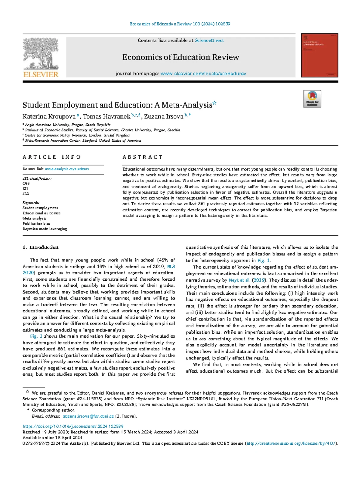 Effects of Student Employment on Academic Success: A Study U - Studocu