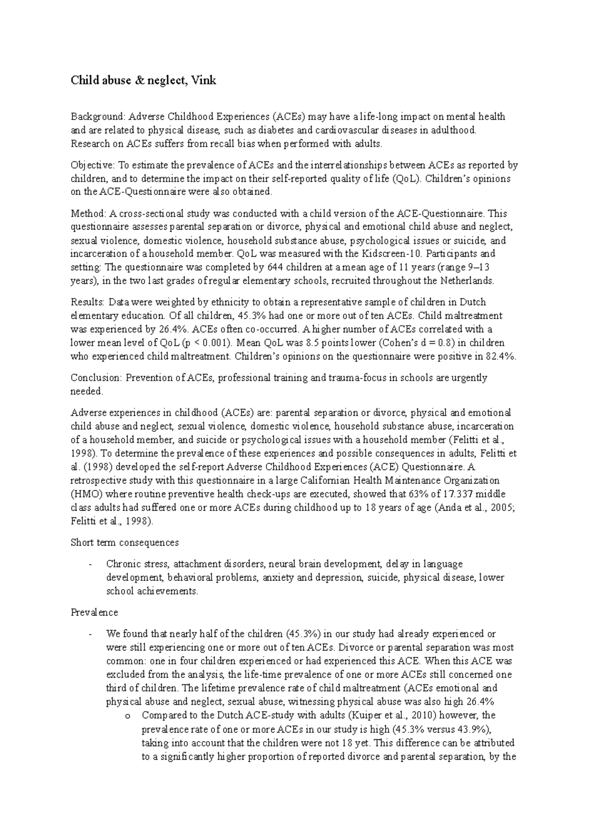 Child Abuse and Adverse Childhood Experiences (ACEs) - Vink Summary ...