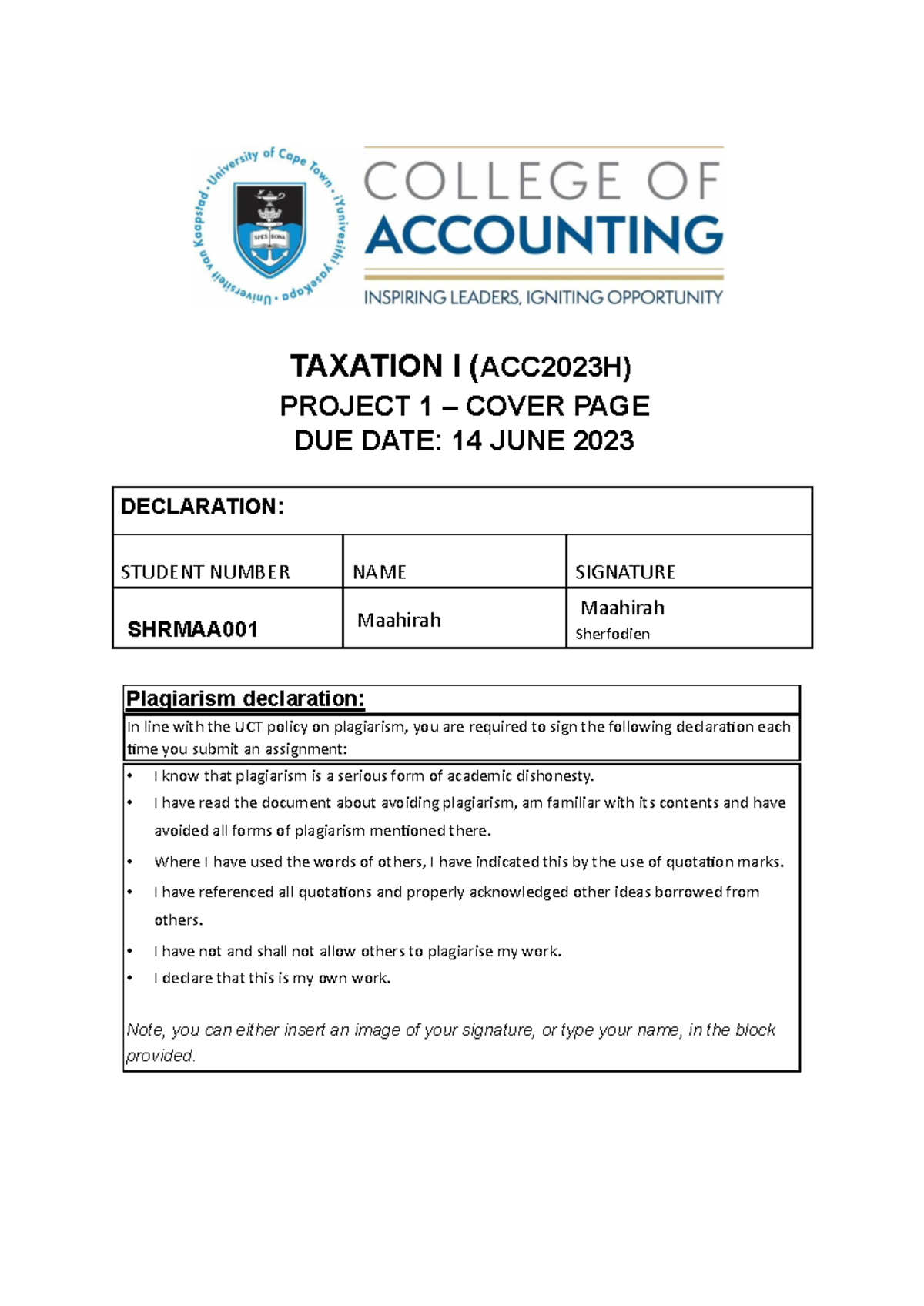 ACC2023H Taxation I Project 1: Cash Flow Analysis & Investment Insights ...