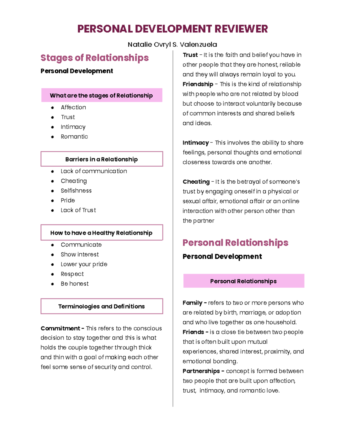Personal Development Q2 Reviewer: Stages & Types of Relationships - Studocu