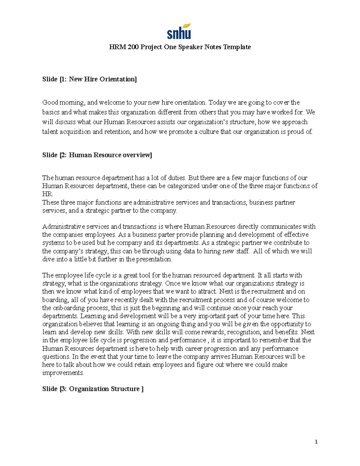 HRM 200 Project One: New Hire Orientation Speaker Notes Template - Studocu