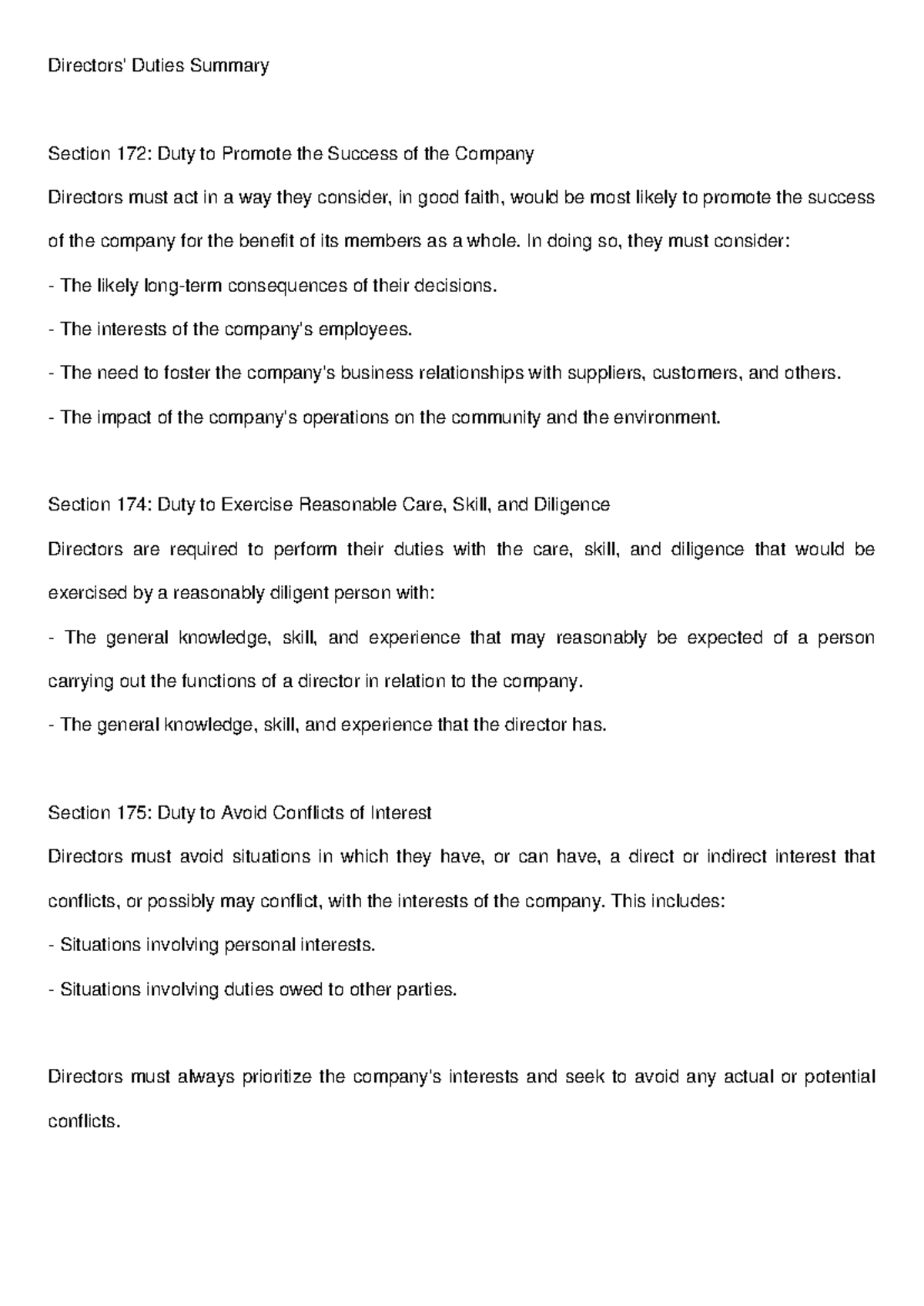 Directors' Duties Summary: Promoting Company Success & Avoiding ...