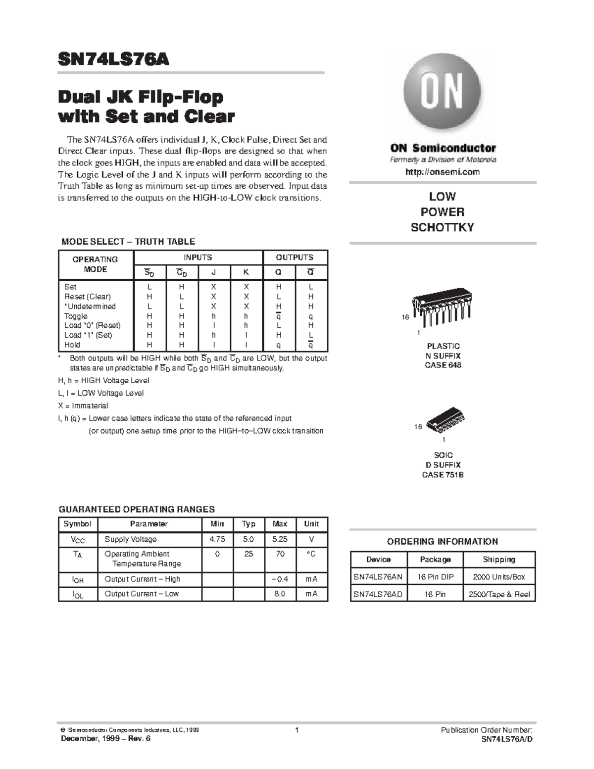 74ls76 - vadsfvs - Semiconductor Components Industries, LLC, 1999 ...