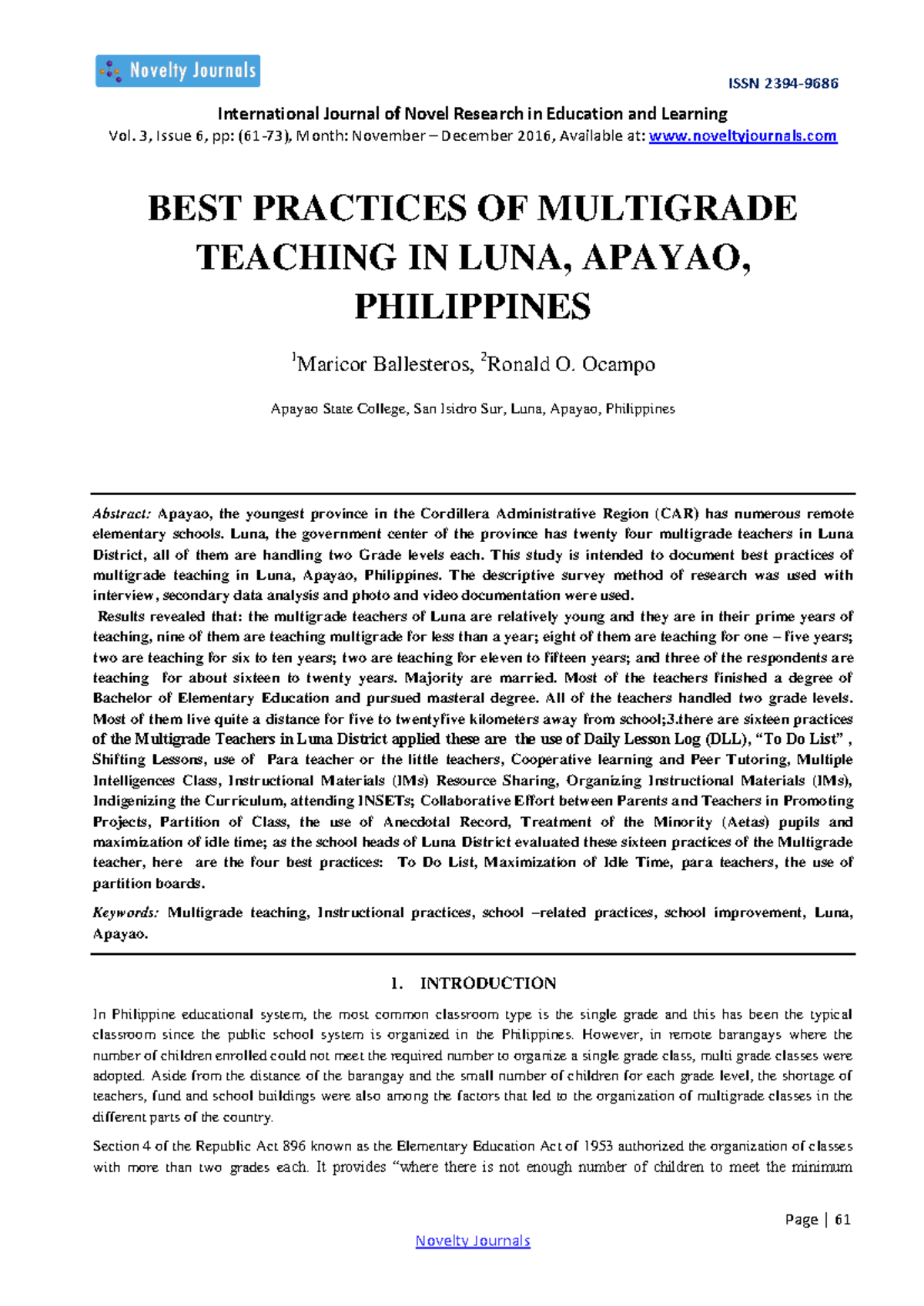 Best Practices in Multigrade Teaching - Multigrade-848 Study in Luna ...