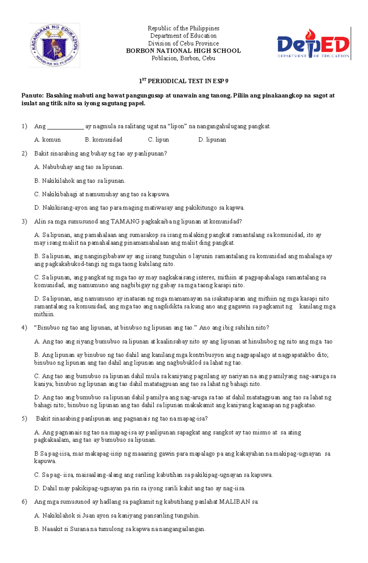 ESP 9 1ST PERIODICAL TEST: Pagsusuri at Pagsagot sa mga Tanong - Studocu