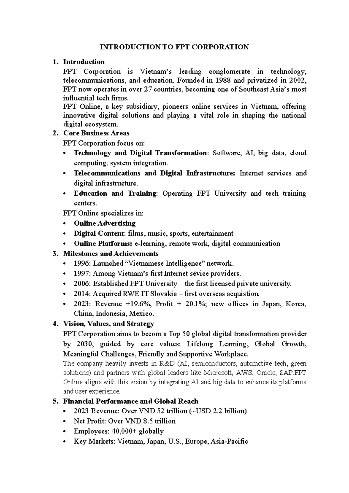 FPT Corporation Overview: Business Model, Achievements & Vision - Studocu