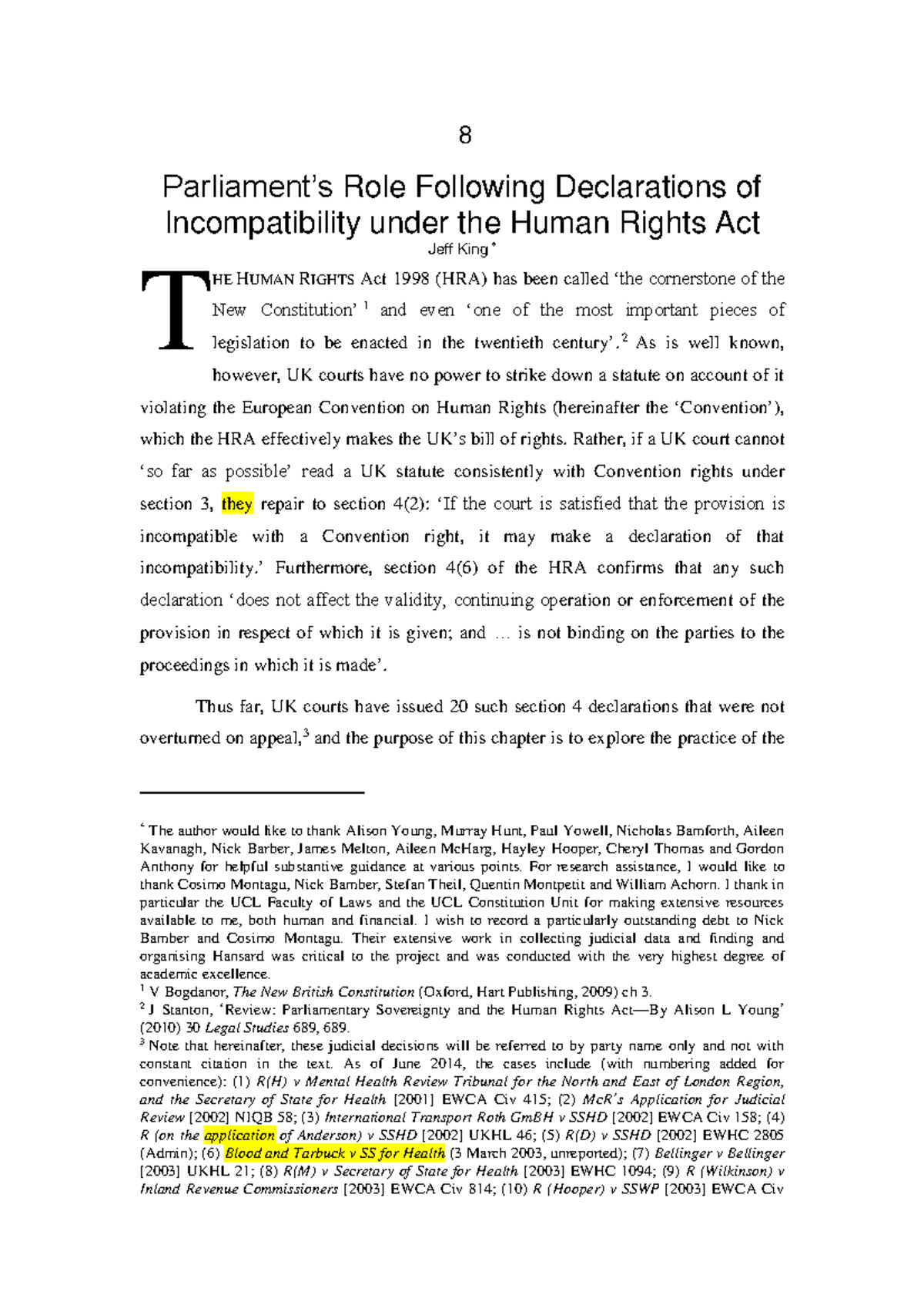 8 Role of Declarations of Incompatibility under the Human Rights Act ...