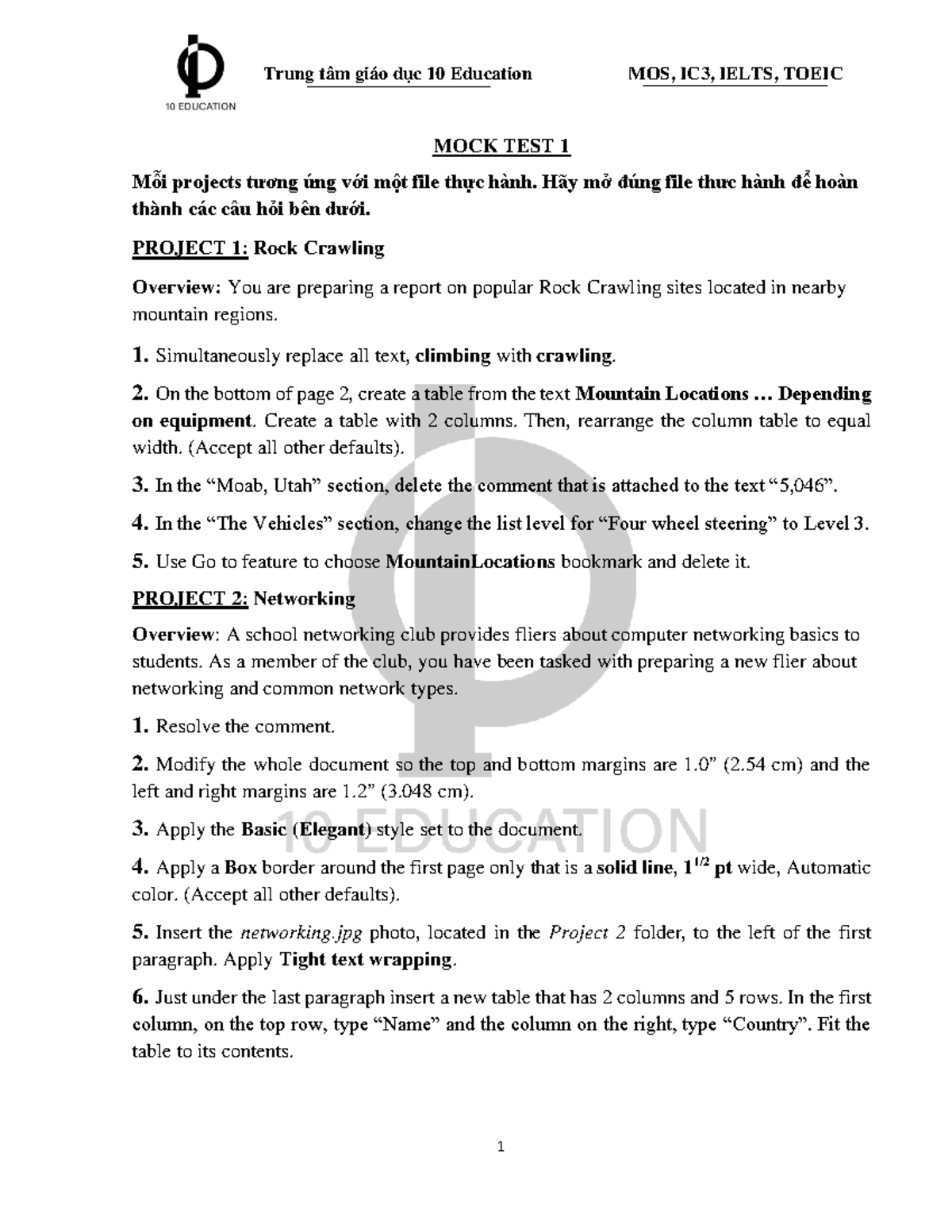 Mock Test 1 - MOS: Practice Tasks for Various Projects - Studocu