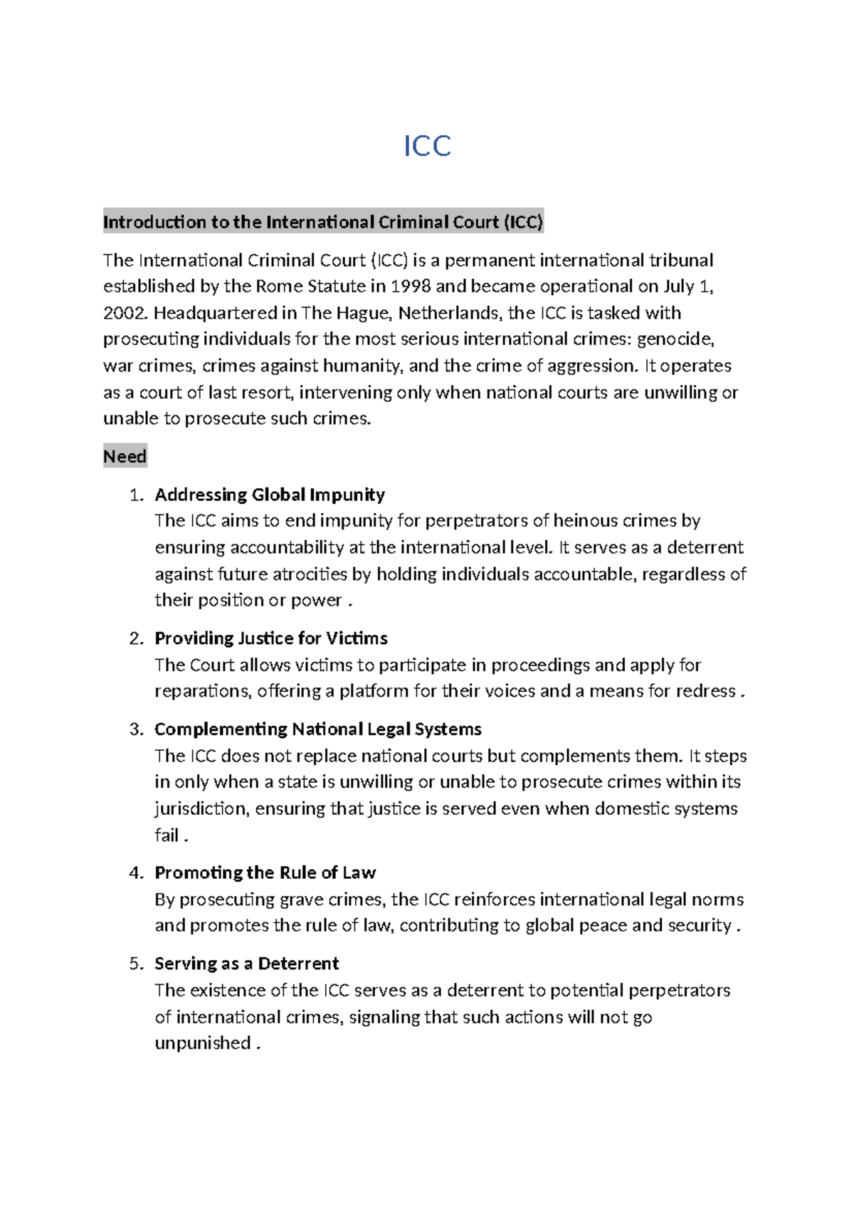 ICC - Notes on the International Criminal Court (ICC) Overview - Studocu