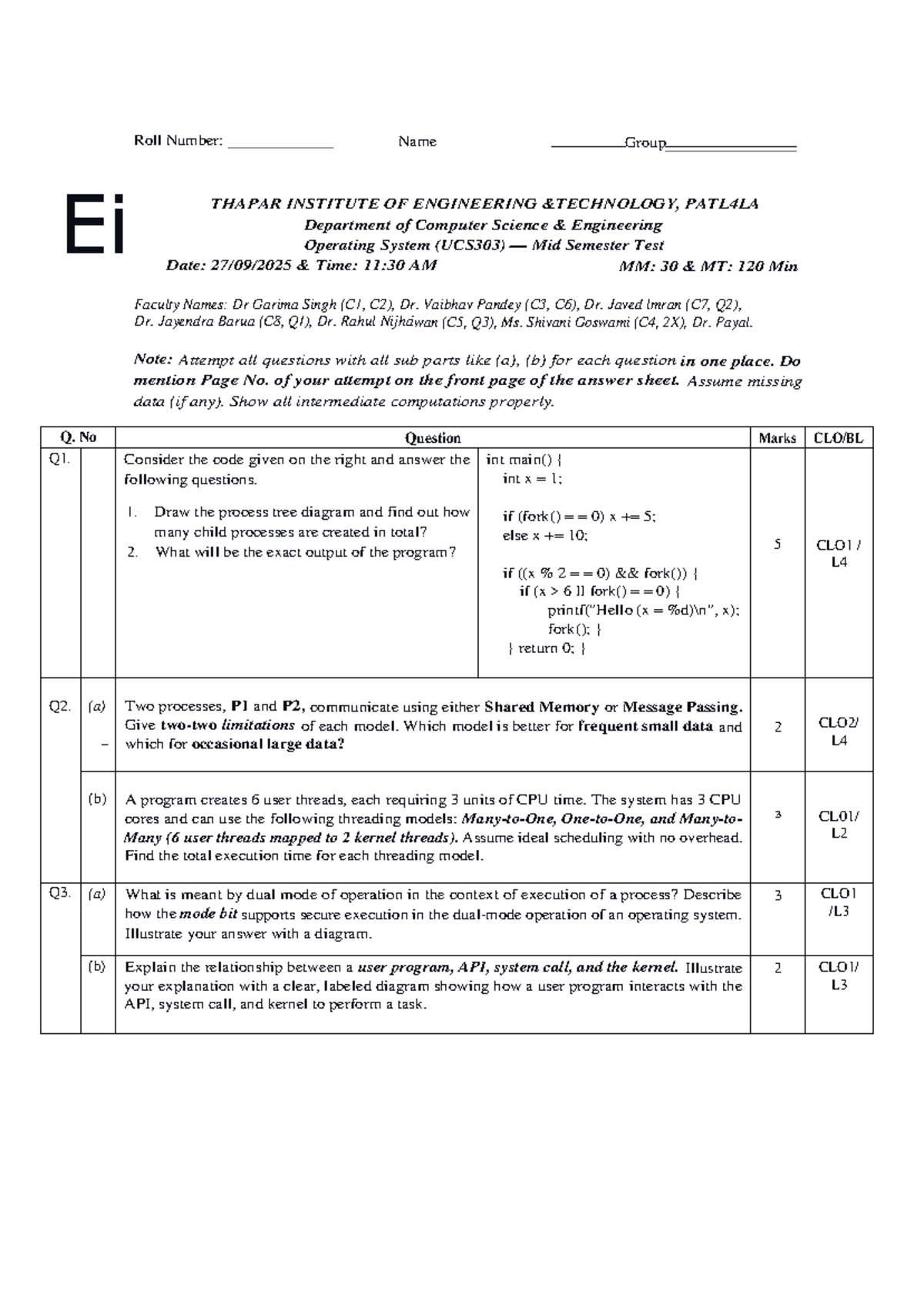 UCS303 Mid Sem Test Notes - Operating Systems (Sep-Oct 2025) - Studocu