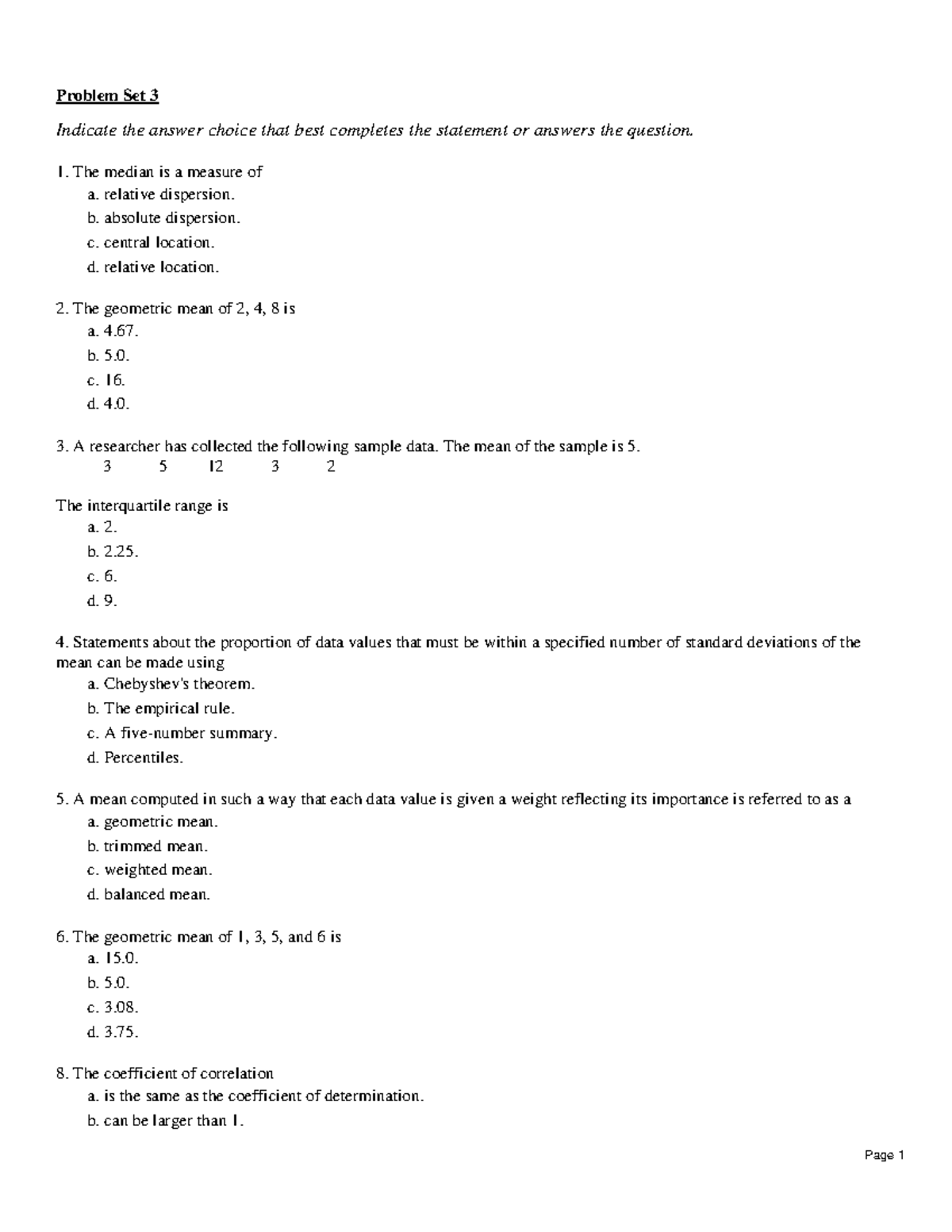 CH.3: Descriptive Stats Numerical Measures PS 3 for Statistics 101 ...