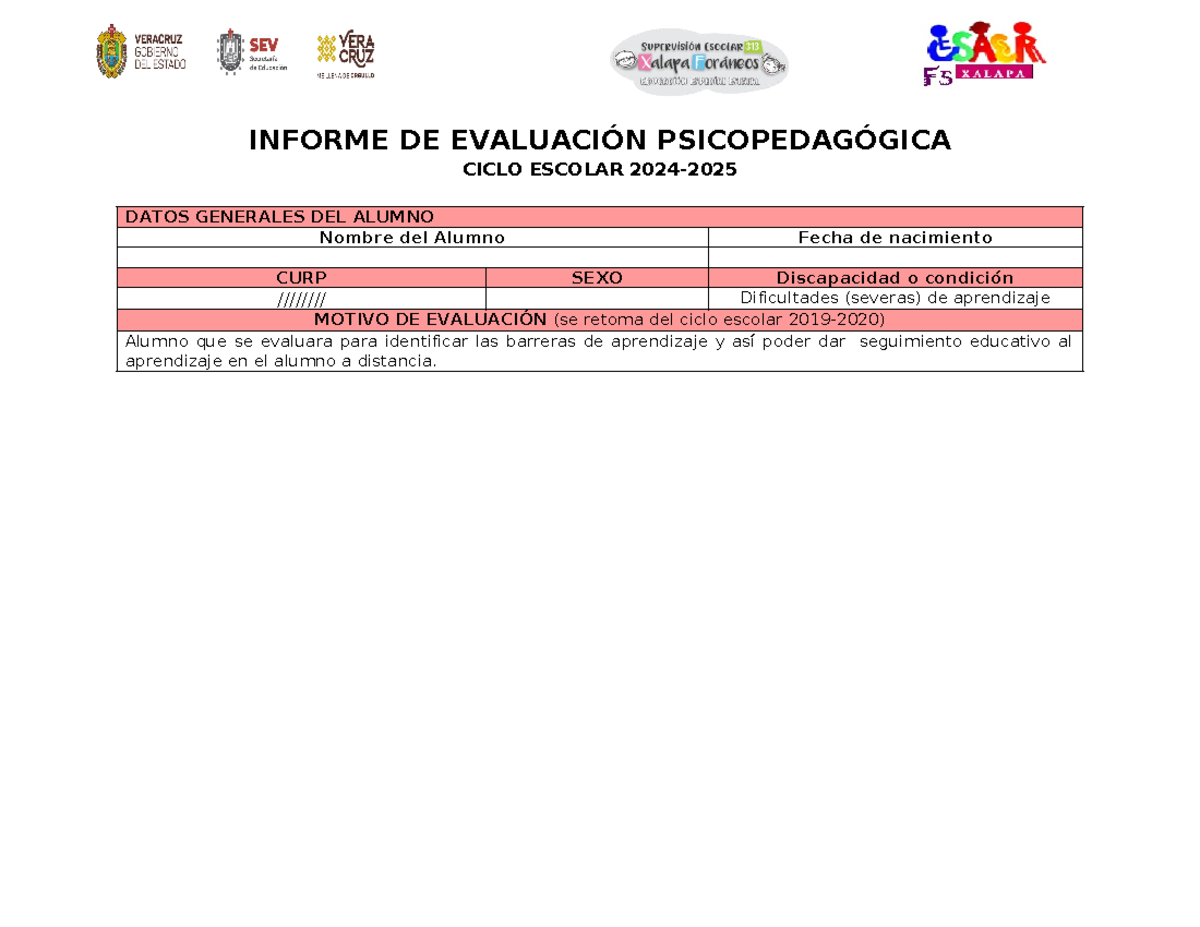 Formato 1. Evaluacion Psicopedagogica - INFORME DE EVALUACIÓN