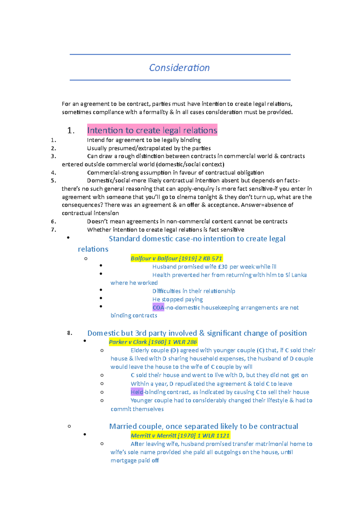 Consideration - Summary Law of Contract A - Consideration For an ...