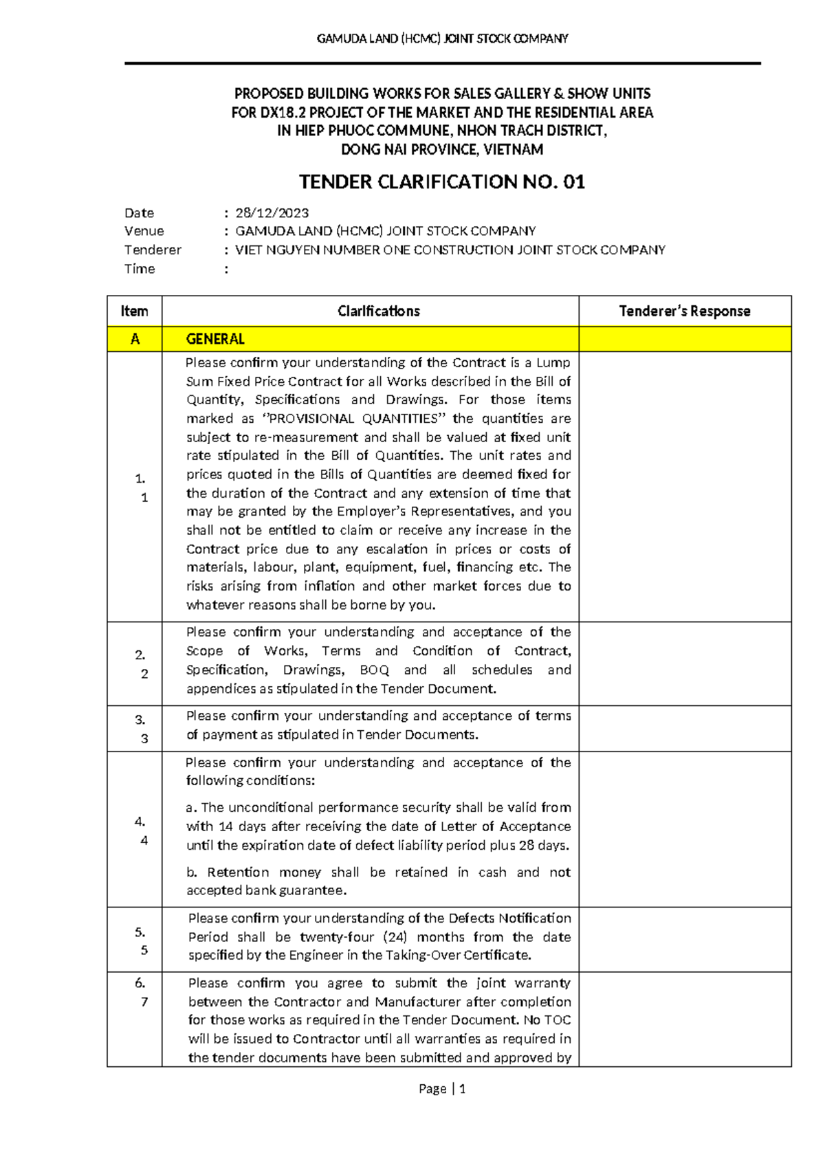 DX18.2 SGSU MBW TCQ No.01 Tender Clarification Document - Studocu