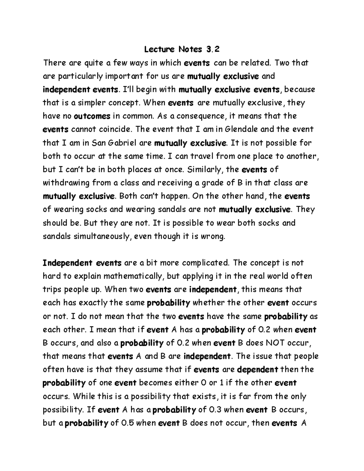 Lecture Notes 3.2: Mutually Exclusive & Independent Events - Studocu