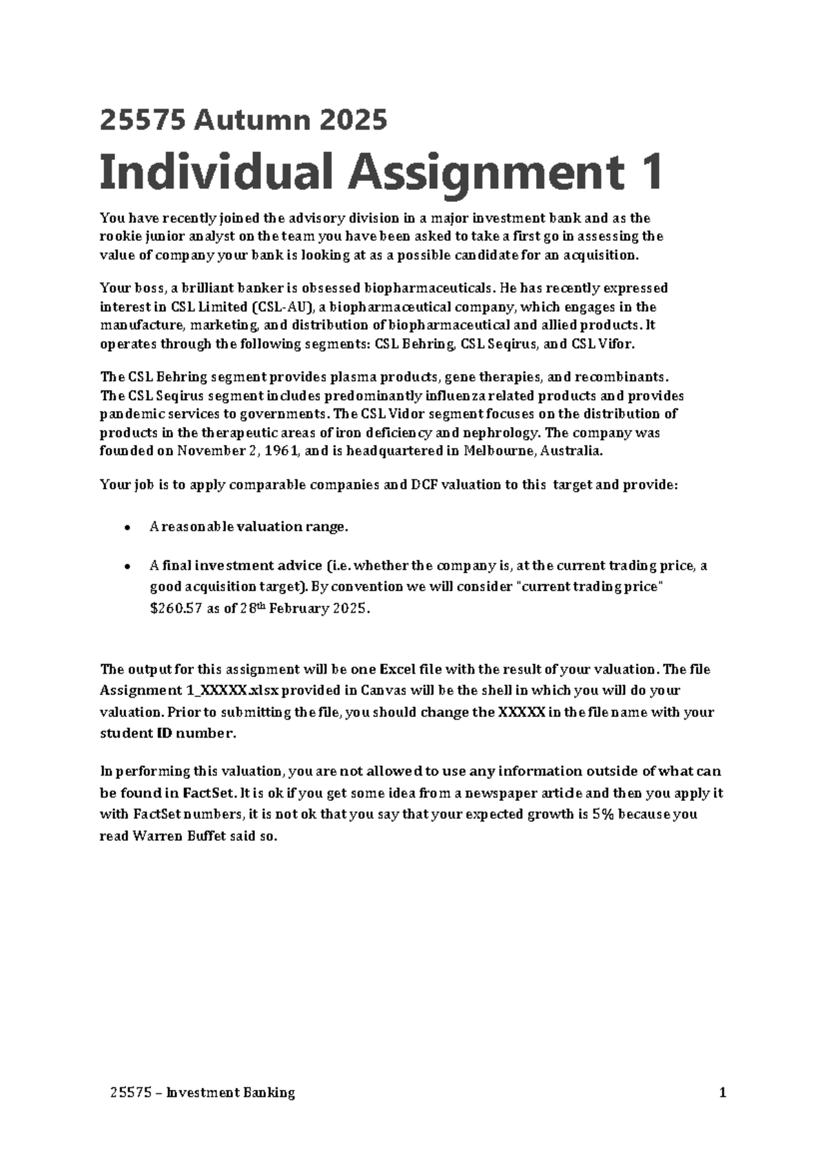 25575 Investment Banking 1: Valuation of CSL Limited for Acquisition ...