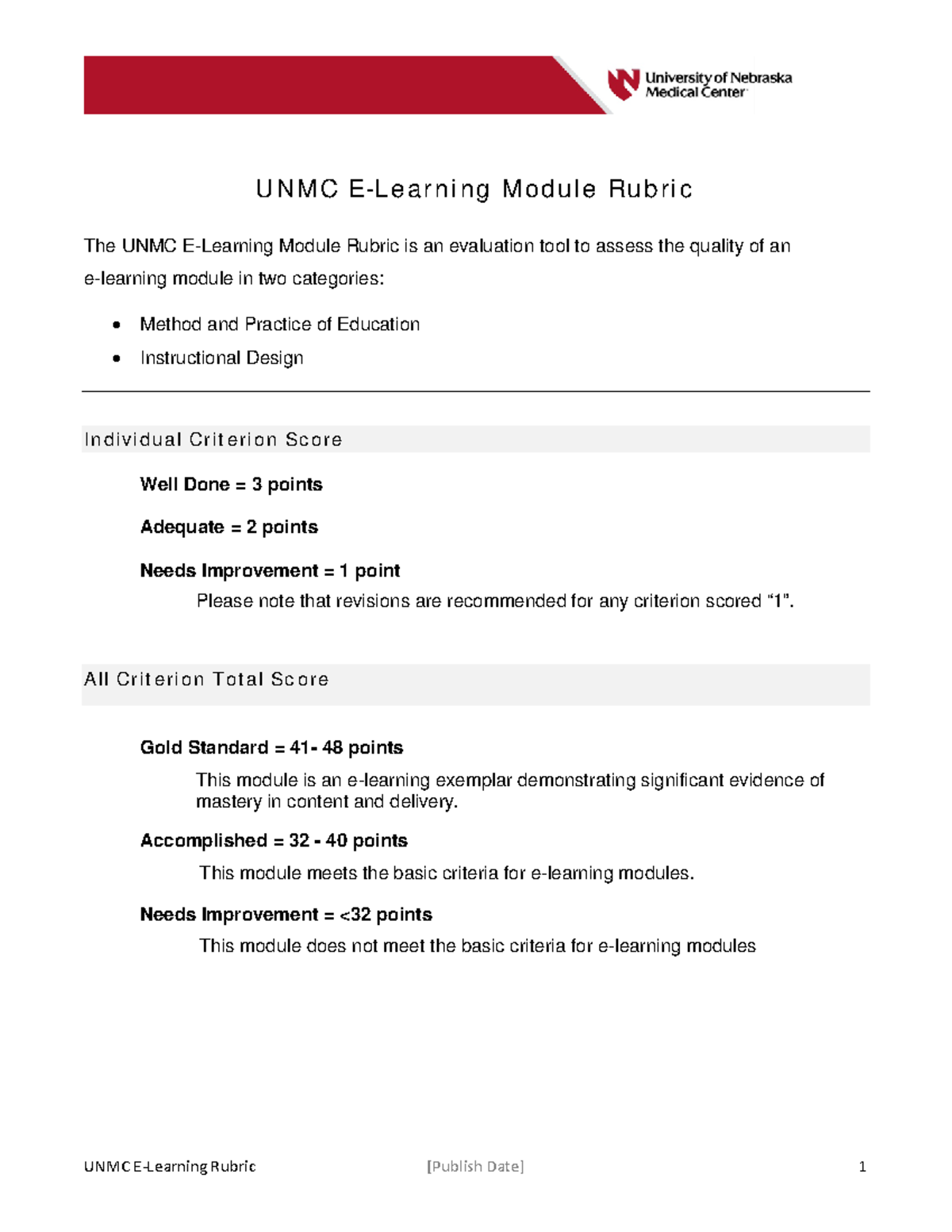 Rubric E-Learning module - UNMC E-Learning Rubric [Publish Date] 1 UNMC ...