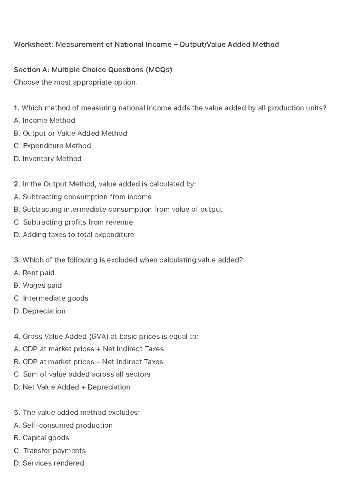 Worksheet: Measurement of National Income - Output/Value Added Method ...