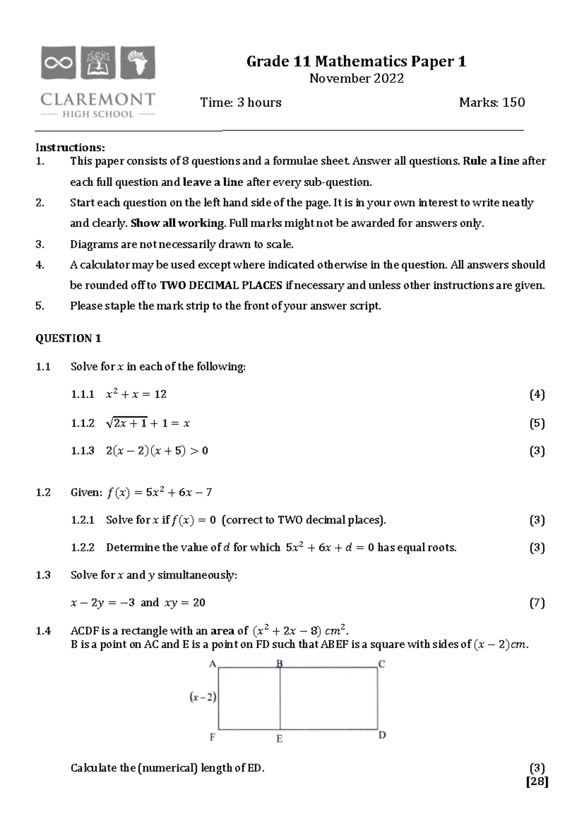 Gr11 Math P1 Nov 2022 - Past Exam Paper - Studocu
