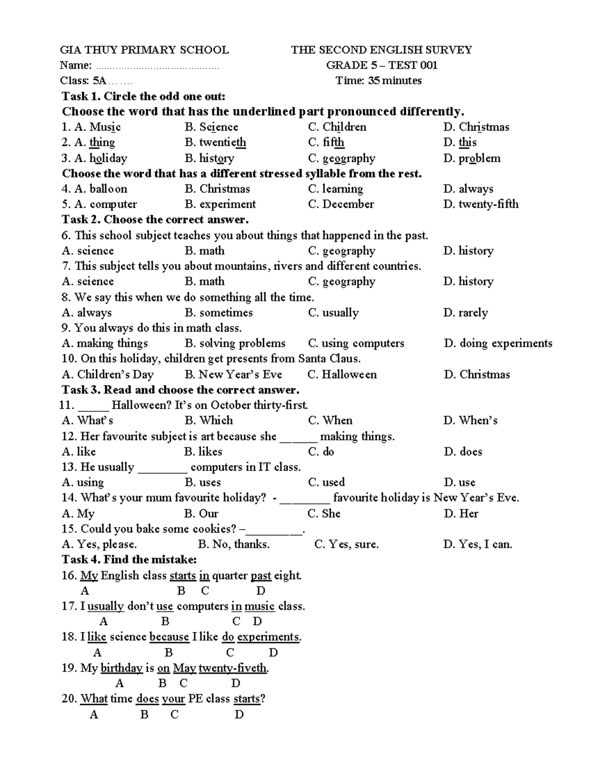 GIA THUY PRIMARY SCHOOL Grade 5 English Survey Test 001 - Studocu