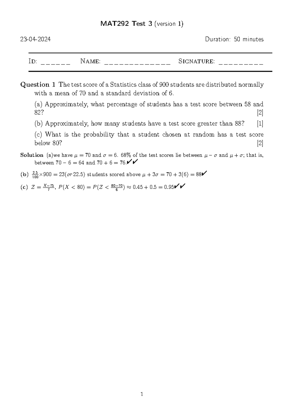 MAT292 Test 3 (Version 1) Solutions for 2024 Exam - Studocu