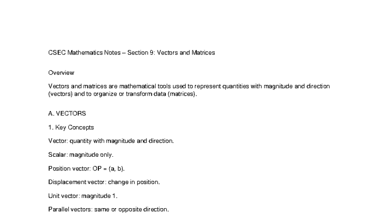 CSEC Math Notes: Section 9 - Vectors & Matrices Overview - Studocu