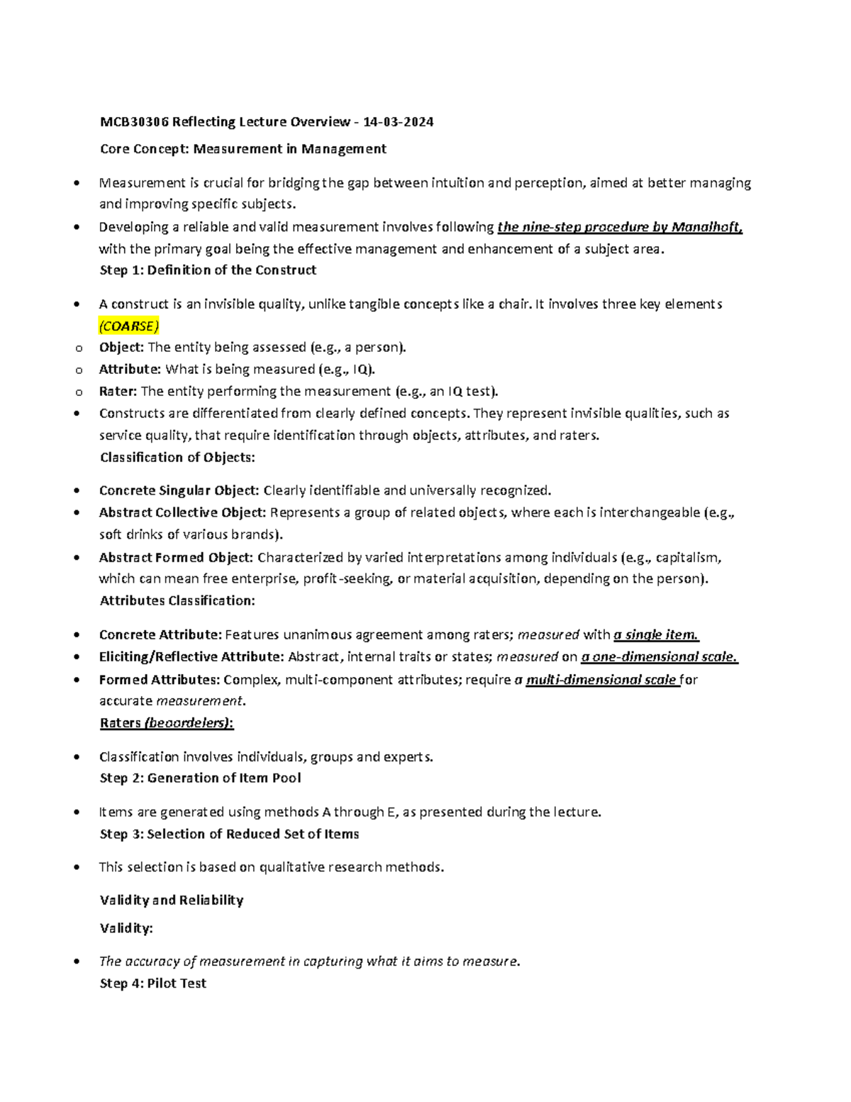 MCB30306 Lecture Recap: Measurement in Management Overview - Studeersnel