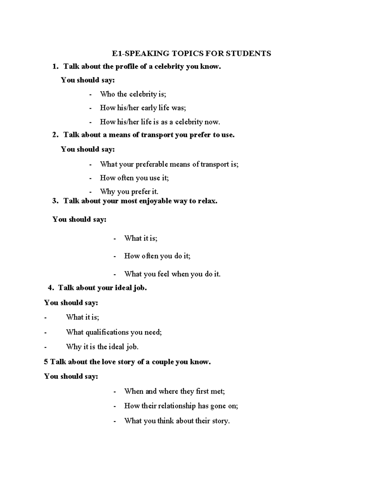 TA1 Speaking Topics for Students: Engaging Discussion Prompts - Studocu