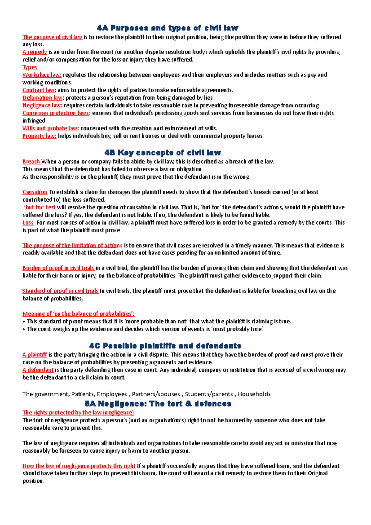 Legal Studies Notes CH4-5: Overview of Civil Law Principles and ...