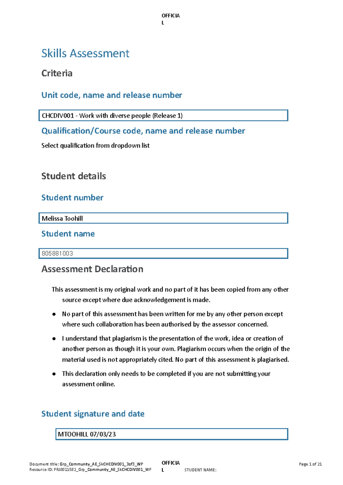 Grp_Community_AE_SkCHCDIV001_Skills_Assessment_Report - Studocu