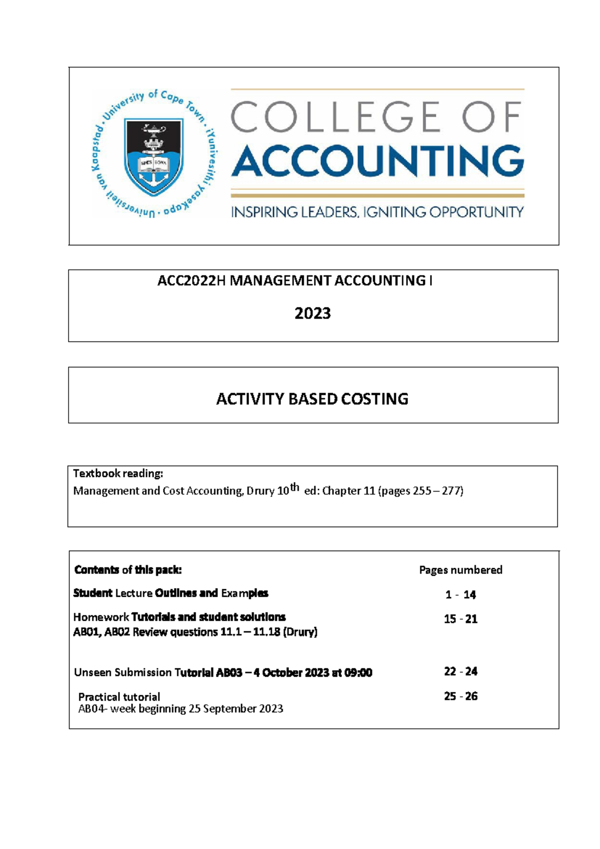 ACC2022H+ABC+module+2023 - ACC2022H MANAGEMENT ACCOUNTING I 2023 ...